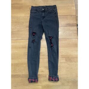 Judy Blue Jeans 3/26 Black Skinny Buffalo Plaid Patch Distressed‎ Stretch Denim